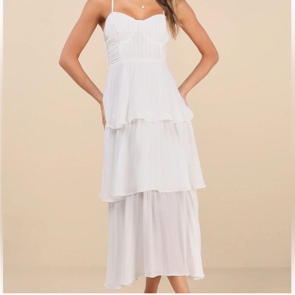 Lulus Cascading Crush White Tiered Bustier Midi Dress